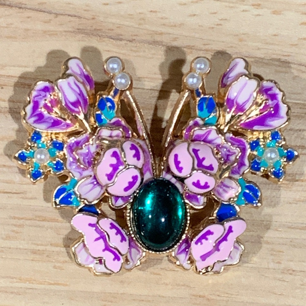 New Fairycore Butterfly Brooch Purple Enamel Floral Gold Tone Green Cabochon Pin